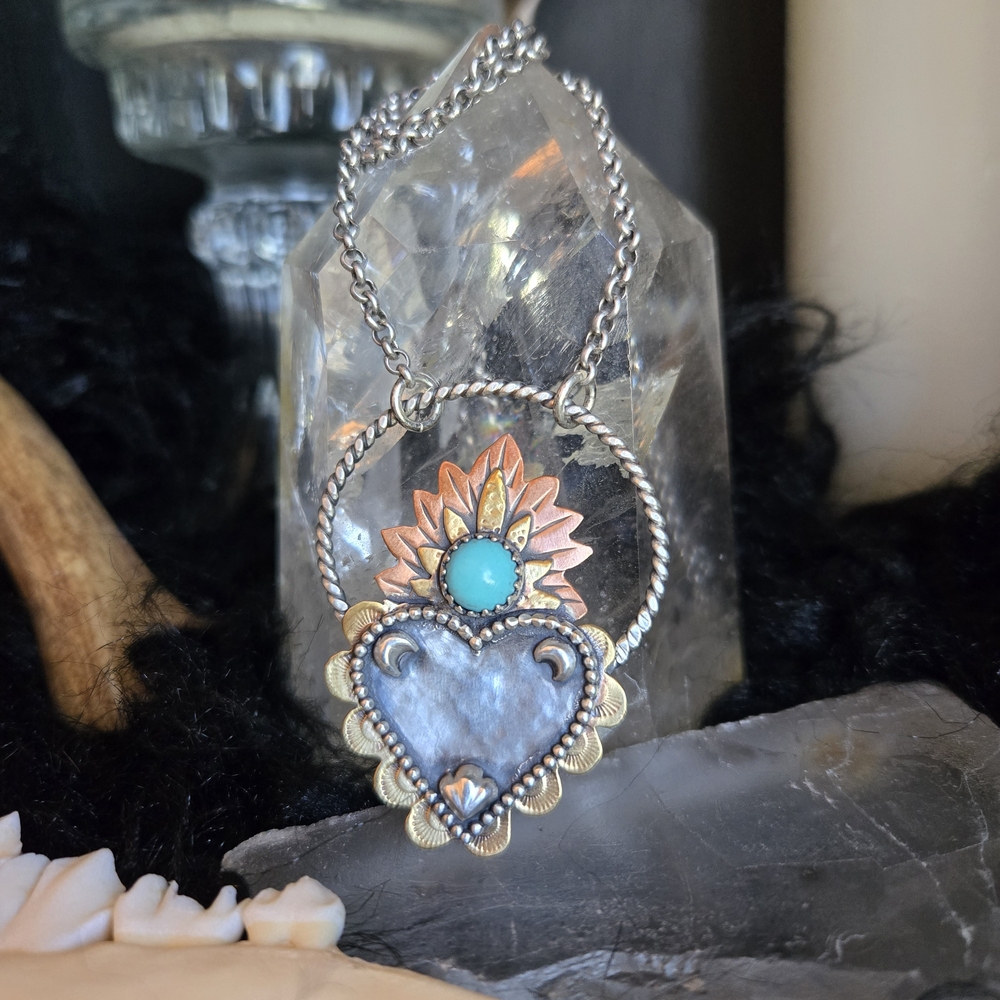 Turquoise Mixed Metal Sacred Heart Statement Necklace - Picture 3 of 6